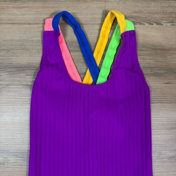 Vintage Body Wrappers Women's M One Piece Athletic Romper Bright Purple 80s Aero - Picture 2 of 7